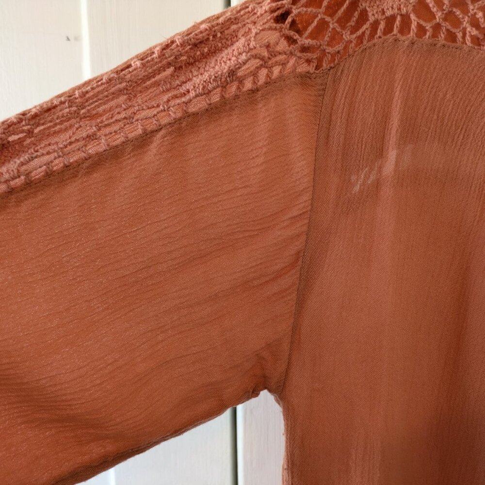 Free People "Katie Bird" Peach Pink Crochet Trim Button-Down Top - Picture 6 of 15